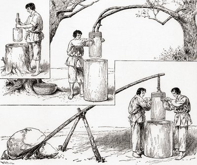 Primitieve manieren van het malen van graan, uit 
