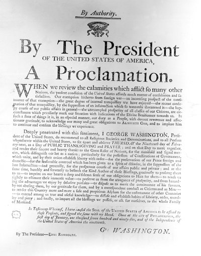 Proclamatie van president George Washington (1732-99) waarin donderdag 19 februari wordt uitgeroepen tot een dag van openbare dankzegging en gebed, 1795 door American School