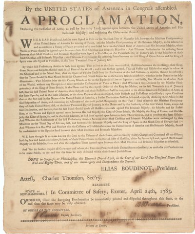 Proclamatie van het Congres waarin de wapenstilstand en het einde van de oorlog worden verklaard, 24 april 1783 door American School