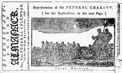 Voorstelling van de federale strijdwagen, omslagillustratie uit Bickerstaffs Boston Almanack, uitgegeven 1788 door American School