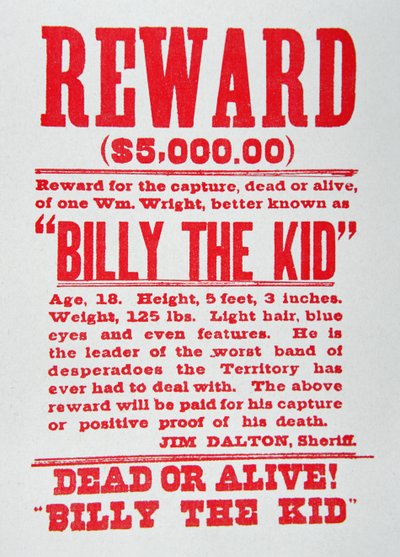 Beloningsposter voor Billy the Kid (1859-81) (litho) door American School
