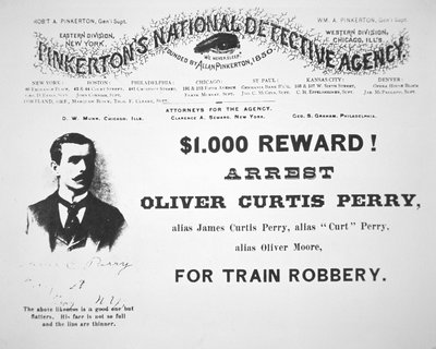 Beloningsposter voor de arrestatie van Oliver Perry uitgegeven door Pinkerton