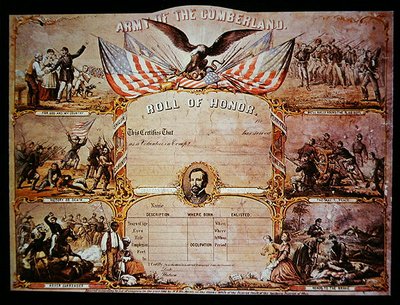 Ere-certificaat uitgegeven aan mannen die dienden in het Federale Leger van de Cumberland door American School