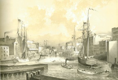 Rush Street Bridge, uitzicht vanaf State Street, uit Chicago Illustrated, met literaire beschrijvingen door James W. Sheahan, uitgegeven door Jevne & Almini, Chicago, 1866-67 door American School