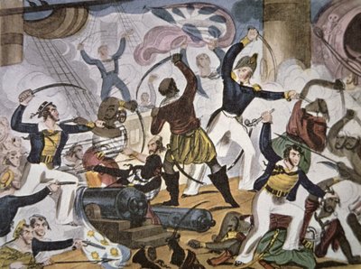 Matrozen van de Royal Navy aan boord van een Algerijns piratenschip, ca. 1820 door American School