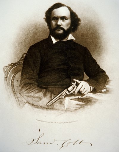 Samuel Colt met een van zijn slaghoedjesrevolvers door American School