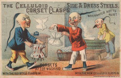 Scène in een Chinese wasserij, advertentie voor Celluloid Korset Sluitingen door American School