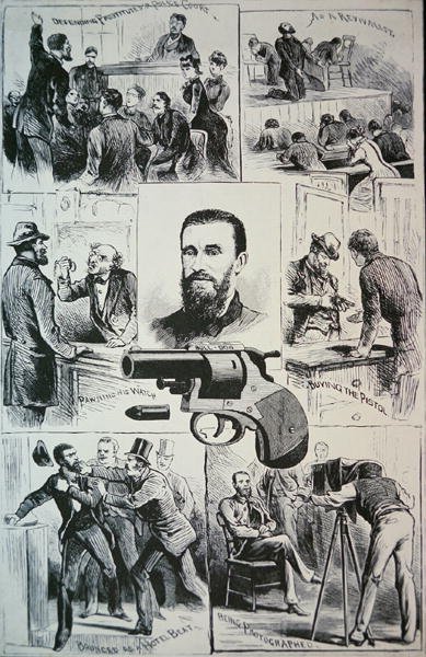 Scènes uit het leven van moordenaar Charles Jules Guiteau (1841-82) en het pistool dat hij gebruikte om president James A. Garfield (1831-81) te doden, 1881 door American School