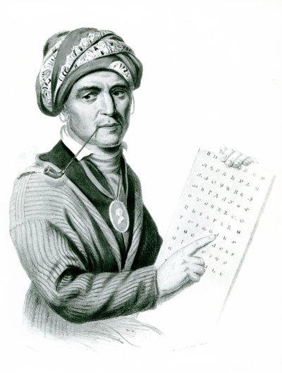 Se Quo Yah (Sequoyah), uitvinder van het Indiaanse alfabet, 1836 door American School