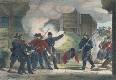 Inbeslagname en dood van de moordenaar Wilkie Booth, ca. 1865 (kleurdruk) door American School