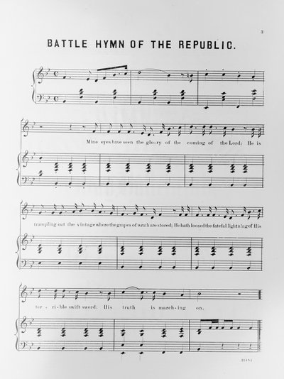 Bladmuziek van de Battle Hymn of the Republic, geschreven door Julia Ward Howe (1819-1910) 1862 door American School