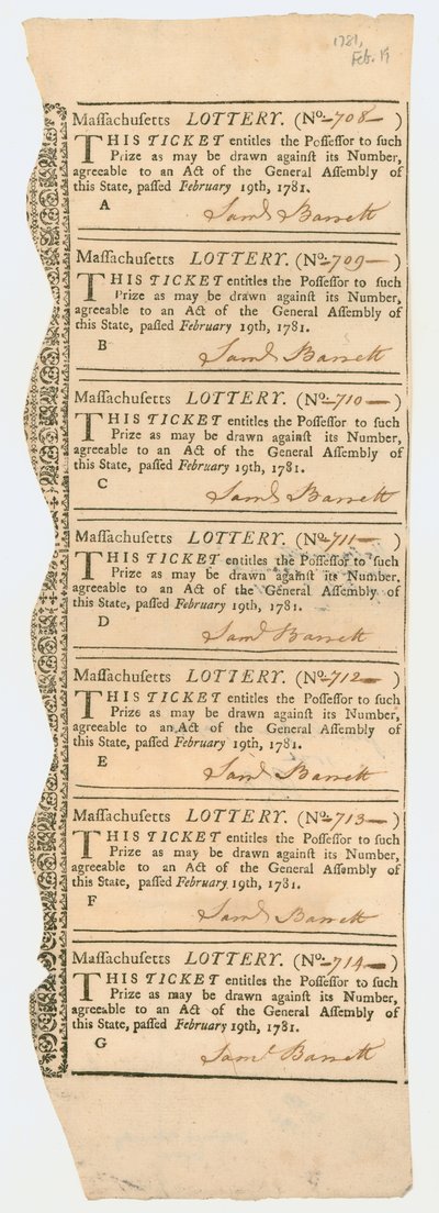 Blad met loterijbiljetten, Massachusetts Loterij, 1781 door American School
