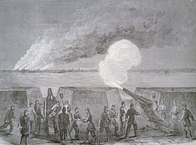 Belegering van Charleston, de stad brandt onder bombardement, 3 januari 1864, uit Harper