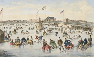 Schaatsen op Union Pond, uitgegeven 1863 (kleur litho) door American School
