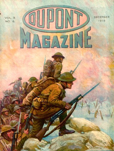 Soldaten in de Loopgraven, vooromslag van het DuPont Magazine, december 1918 door American School