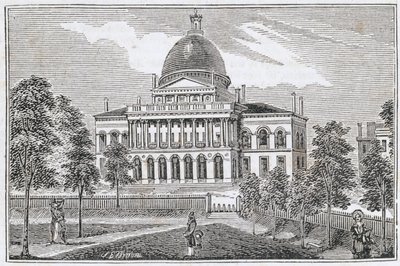 Zuidelijk uitzicht op het State House in Boston aan Beacon Street, uit 