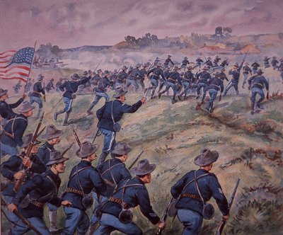 Spaans-Amerikaanse Oorlog 1898, Amerikaanse troepen bestormen San Juan Heights in Cuba (kleur litho) door American School