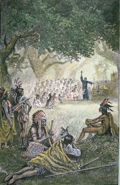 Spaanse jezuïetenmissionarissen bekeren indianen in Californië in de 17e eeuw door American School