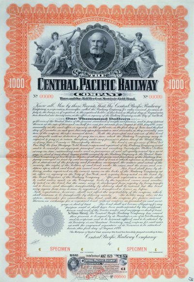 Voorbeeld obligatiecertificaat voor 1000 dollar voor de Central Pacific Railway Company, 1899 door American School