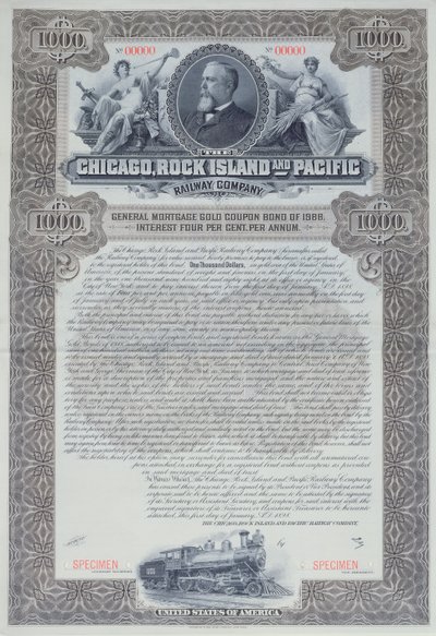 Voorbeeld obligatiecertificaat voor 1000 dollar voor de Chicago, Rock Island and Pacific Railway Company, 1898 door American School