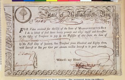 Promesse van de staat Massachusetts Bay, zogenaamd gegraveerd door Paul Revere, 1779 door American School