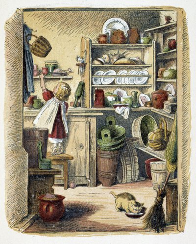 Opslag in de keuken in "Schnik, schnak, kleinigheden voor de kleintjes", kinderspelen. ed. London- Georges Ronthedge and sons. New York, The broad way Ludgate n.d. c. 1890. door American School