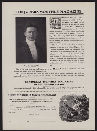 Inschrijvingsformulier voor Conjurers Monthly Magazine, hoofdredacteur Harry Houdini (litho) door American School