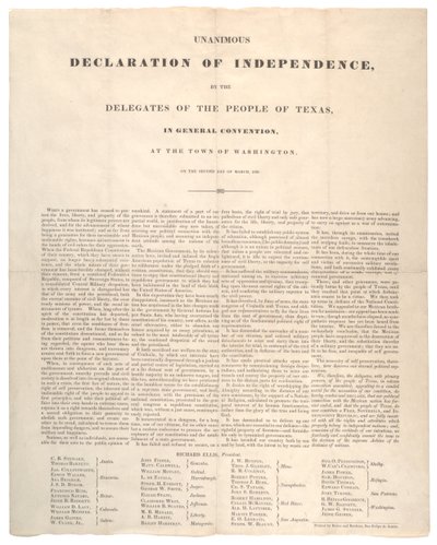 Texas Onafhankelijkheidsverklaring: Unanieme onafhankelijkheidsverklaring, gedrukt door Baker en Bordens, 2 maart 1836 door American School