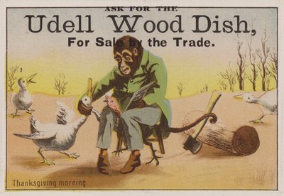 Dankzegging ochtend, handelskaart die Udell houten schalen adverteert door American School