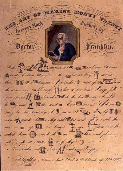 De Kunst om Geld Overvloedig te Maken in Ieders Zak door Doctor Franklin, gepubliceerd door Currier and Ives, New York (kleur litho) door American School