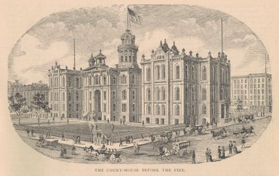 Het Gerechtsgebouw voor de Brand, gedrukt door Moss Engraving Co., New York, illustratie uit History of Chicago vol. 2 door Alfred Theodore Andreas, gepubliceerd 1885 door American School