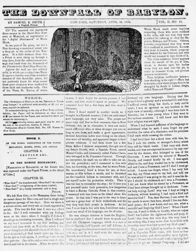 De val van Babylon, illustratie uit een anti-katholiek pamflet die een non toont die een vermoord kind in een put gooit, 1836 door American School