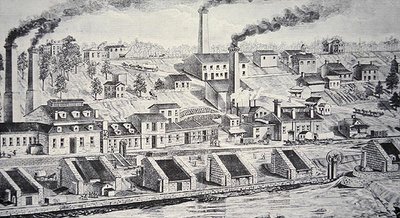 De Du Pont Kruitfabriek, aan de Brandywine-rivier (lijngravure) door American School