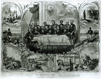 Het vijftiende amendement, ondertekend door president Ulysses S. Grant (1822-85) maart 1870 door American School