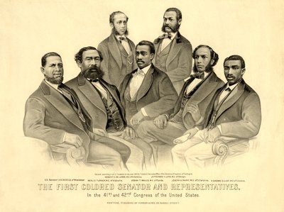 De Eerste Gekleurde Senator en Vertegenwoordigers - in het 41e en 42e Congres van de Verenigde Staten, uitgegeven 1872 (litho) door American School