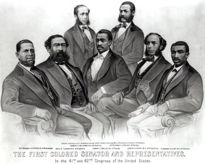 De eerste gekleurde senator en vertegenwoordigers, in het 41e en 42e congres van de Verenigde Staten, uitgegeven door Currier en Ives, 1872 door American School