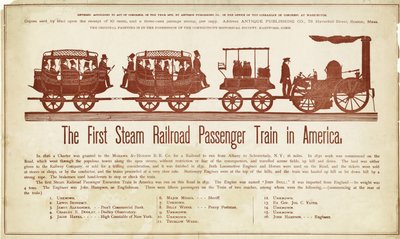 De eerste stoomtrein voor passagiers in Amerika, gepubliceerd ca. 1870 (kleur houtsnede) door American School