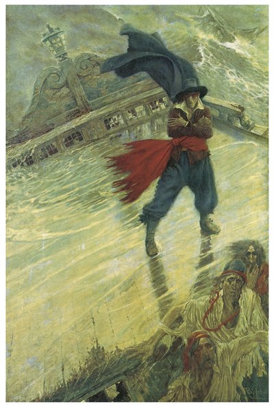 De Legende van het Spookschip of de Vliegende Hollander: een Nederlandse commandant die het lot wilde beproeven zou veroordeeld zijn om voor altijd op zijn schip rond te dwalen en ongeluk te brengen aan de schepen die zijn route kruisen Illustratie door Ho door American School