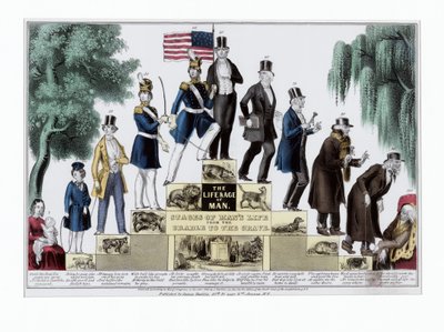 Het leven en de leeftijd van de mens, stadia van het leven van de mens van de wieg tot het graf, pub. ca. 1848 (handgekleurde gravure) door American School