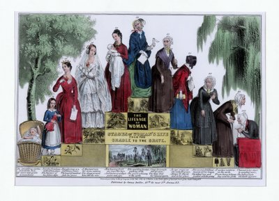 Het leven en de leeftijd van de vrouw, stadia van het leven van de vrouw van de wieg tot het graf, uitgegeven ca. 1848 (handgekleurde gravure) door American School
