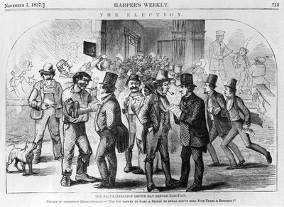 Het Naturalisation Office de dag voor de verkiezingen, gepubliceerd in Harpers Weekly, 7 november 1857 door American School