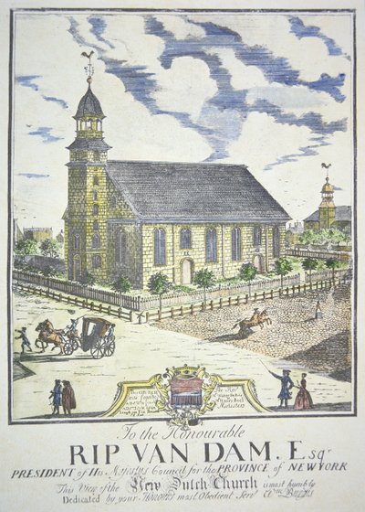 De Nieuwe Nederlands Hervormde Kerk, gebouwd op de hoek van Nassau en Liberty straten, New York City, in 1731 door American School