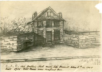 De oude schuldenaarsgevangenis, kant van Prune St. onder 6th, illustratie uit het Castner Scrapbook, 1858 door American School