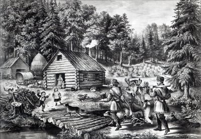Het huis van de pionier aan de westelijke grens, uitgegeven door Currier en Ives door American School