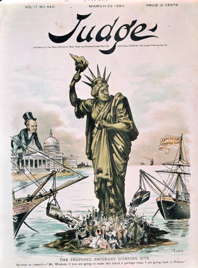 Het voorgestelde emigrantendumpingsite, voorpagina van Judge, 22 maart 1890 door American School