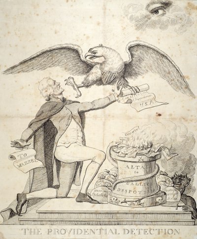 De providentiële ontdekking, cartoon die Thomas Jefferson (1743-1826) toont die probeert de grondwet te vernietigen door American School