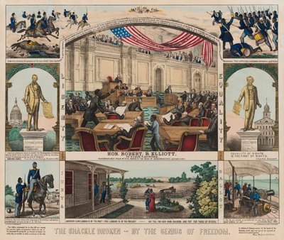 De ketting gebroken - Door de Genius van Vrijheid, ca. 1860-1879 (kleur litho) door American School