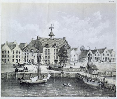 Het Stadthuys van New York in 1679, hoek van Pearl Street en Coentijs Slip, uit Journal of a Voyage to New York in 1679-80 door Jasper Danckaerts (b.1639) en Peter Sluyter (1645-1722), gepubliceerd 1867 door American School