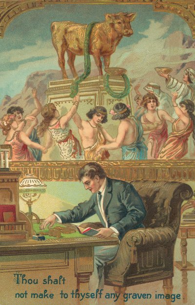 De Tien Geboden: Gij zult u geen gesneden beeld maken (kleurenlitho) door American School