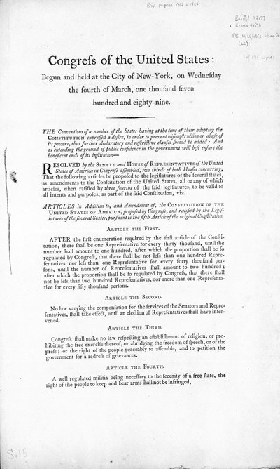 De Bill of Rights van de Verenigde Staten, voltooid 1789 door American School